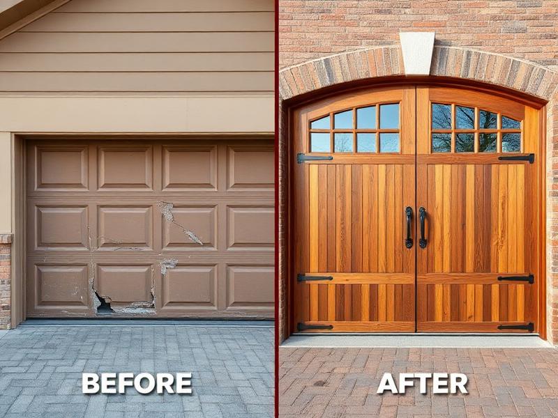 Before and after garage door replacement showing quality transformation