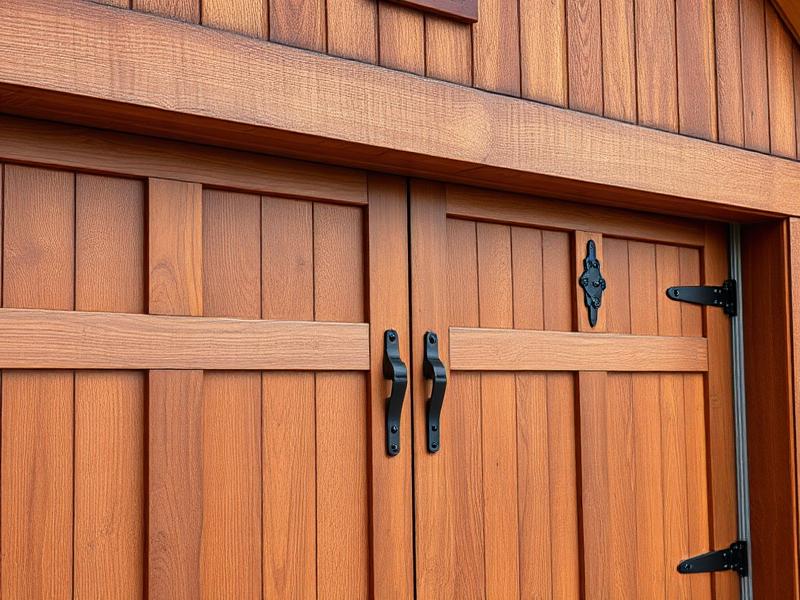 Close-up of carriage house style garage door with iron hardware