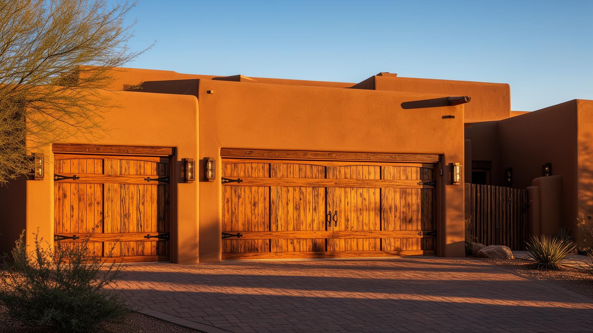 Rustic wood grain garage door with iron strap hinges on Southwest adobe style home